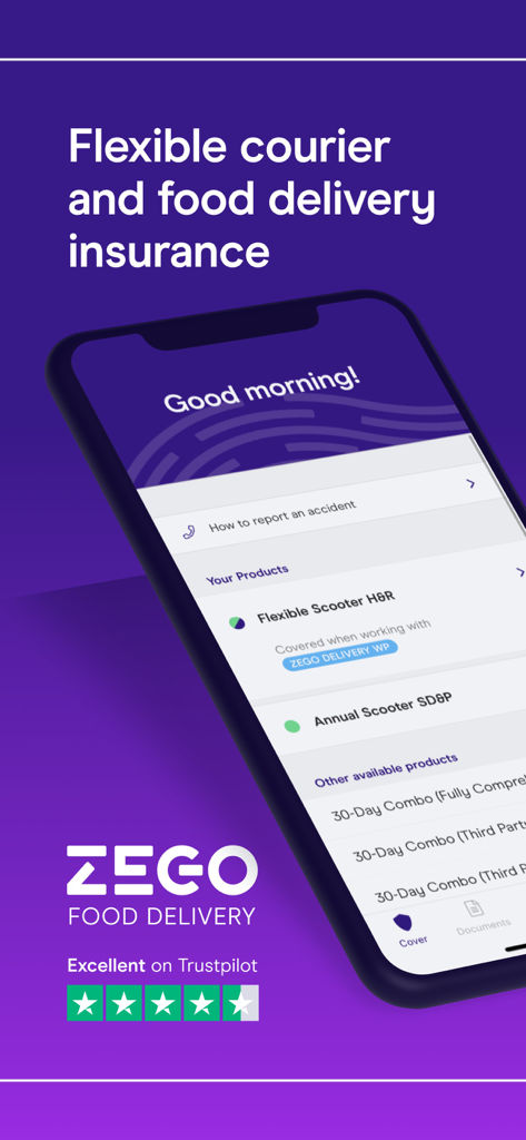 Zego Delivery App-Bildschirm auf einem iPhone, der flexible Versicherungsoptionen für Kuriere und Essenslieferanten zeigt