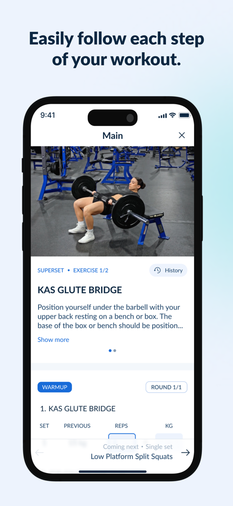 Interfaz de la aplicación Plan Over Mood que muestra instrucciones de entrenamiento y un video de demostración de ejercicio para un puente de glúteos