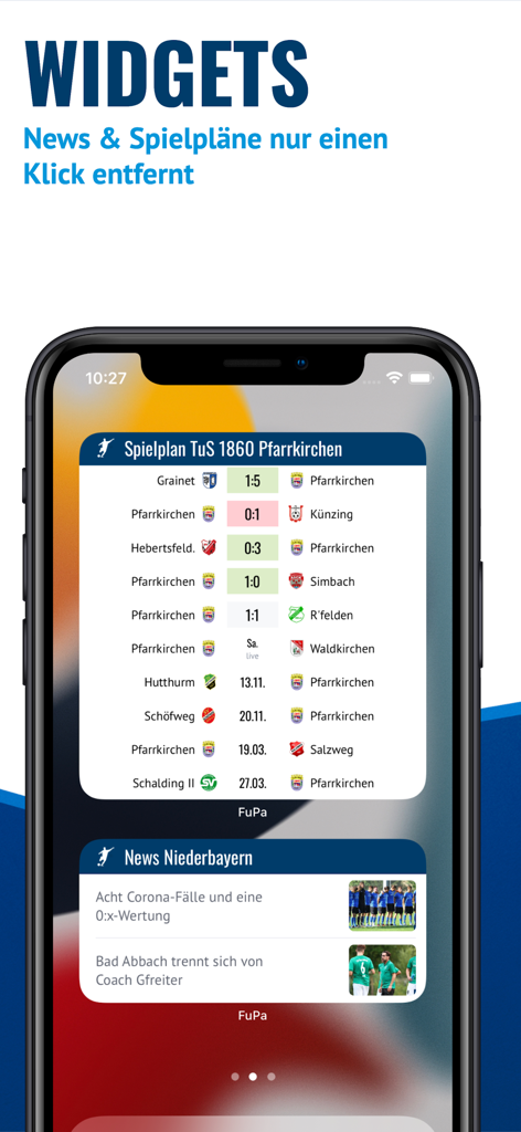 Widgets do aplicativo FuPa em um iPhone exibindo calendários de jogos de futebol amador e notícias locais.