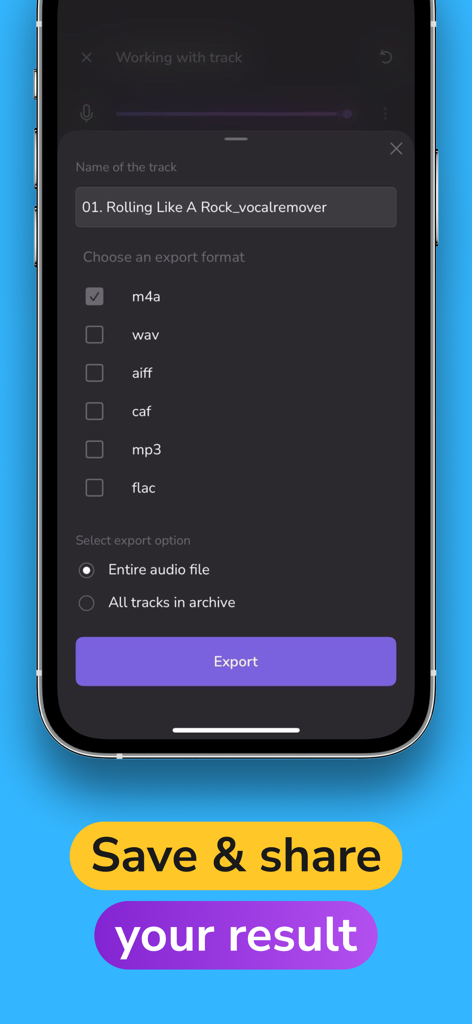 Vocal Remover AI-Remove Voice - A screenshot of the Vocal Remover AI app showing the audio export screen with multiple format options like MP3 and WAV and a Save and Share button.