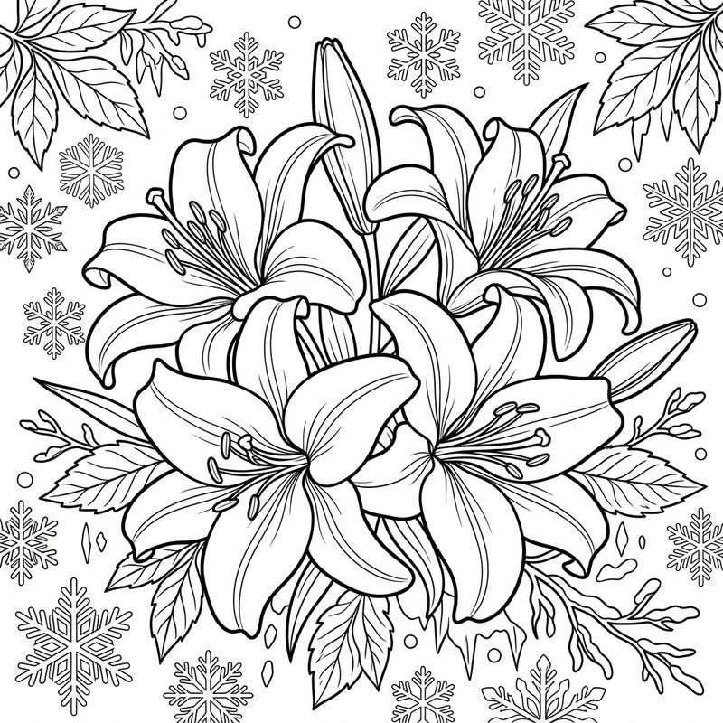 Immerse yourself in the serene beauty of Casablanca Lilies blooming elegantly in a winter wonderland. This captivating coloring page features intricate floral details surrounded by delicate snowflakes, inviting you to add your unique touch of color.