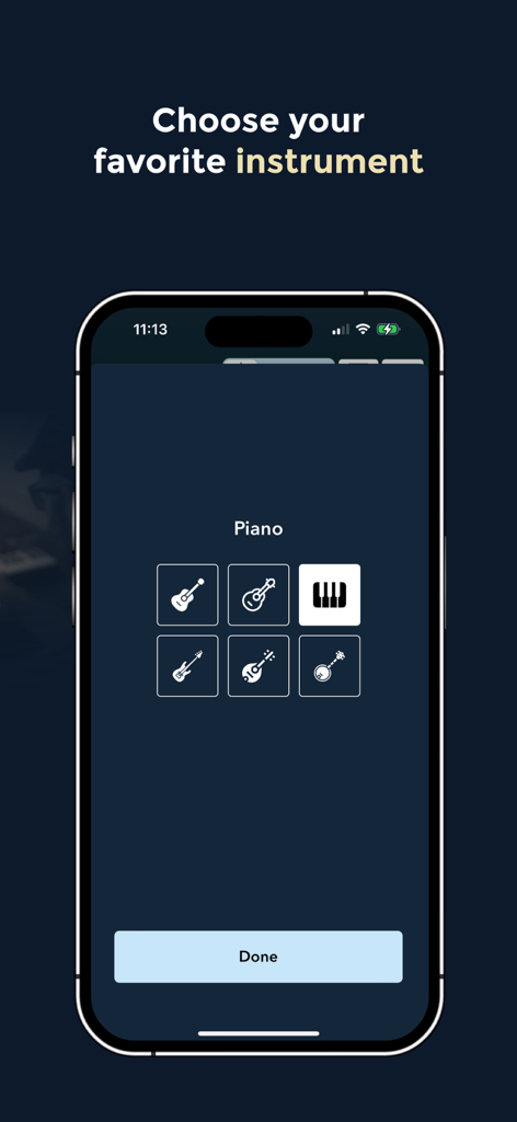 Music Memos - Chords & Lyrics - Una pantalla de aplicación móvil que muestra un menú de selección de instrumentos musicales que incluye guitarra, piano y ukelele