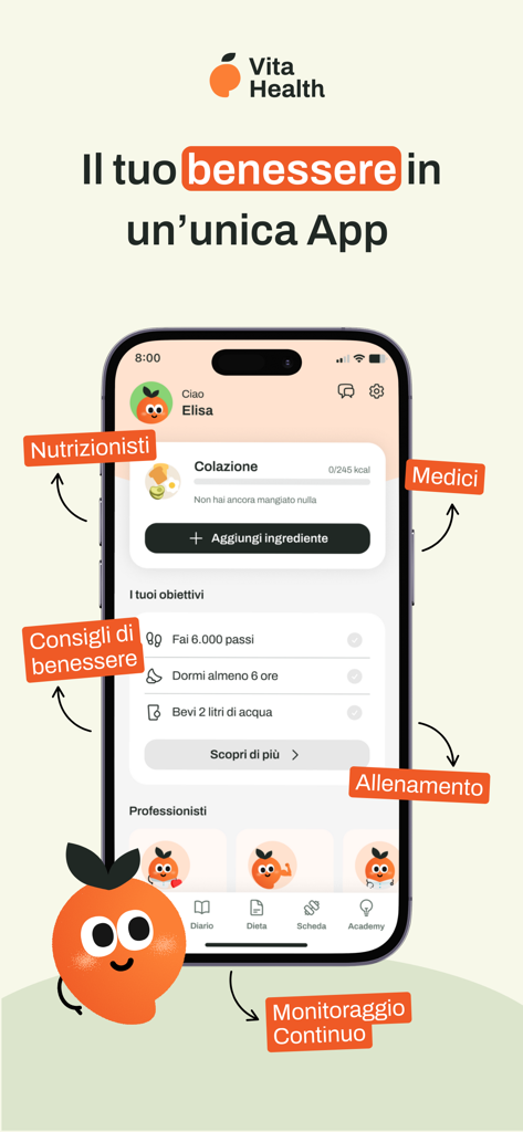 Vita Health - Dashboard dell'app Vita Health che visualizza la pianificazione dei pasti e gli obiettivi di benessere