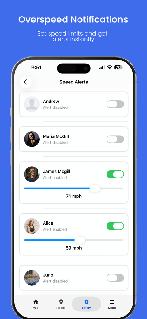 Interface for setting individual driving speed limits and overspeed notifications for family members