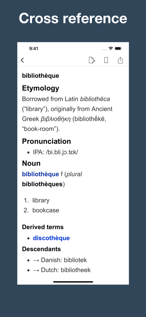 Detailed etymology and cross reference for the French word bibliotheque including Latin and Greek origins