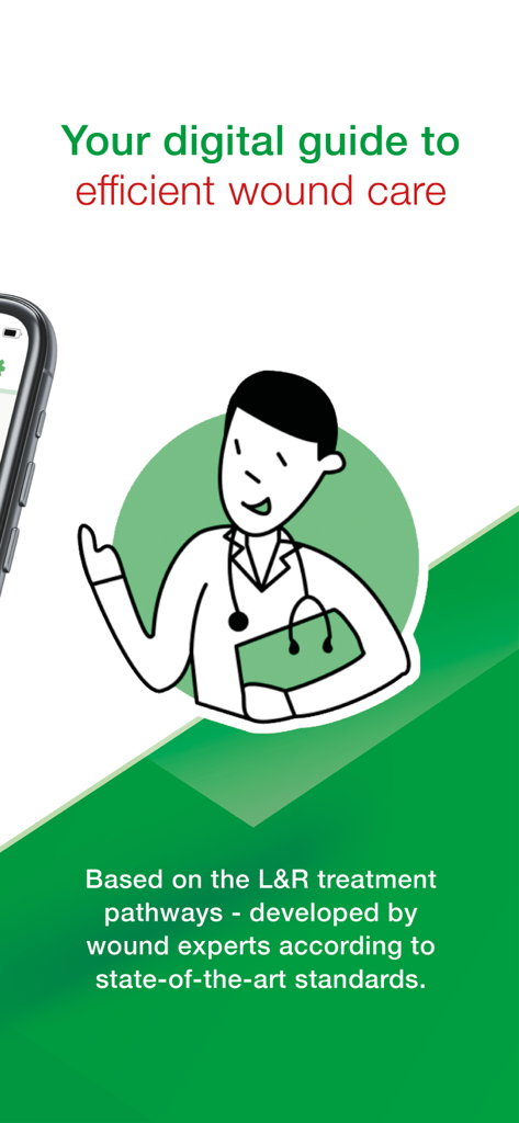 WoundNavi - 医師のイラストと効率的な創傷ケアに関するテキストが表示されるWoundNaviアプリのホームページ。