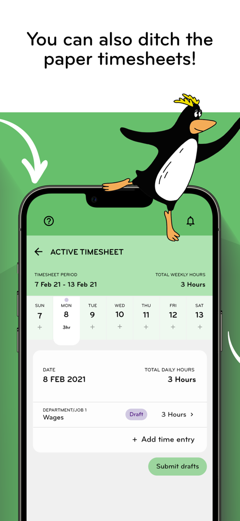 Smartly - Smartly app interface showing a digital timesheet with daily hour entries and a submit drafts button.