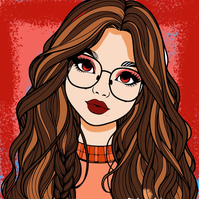 girl with long hair and freckles and glasses realistic