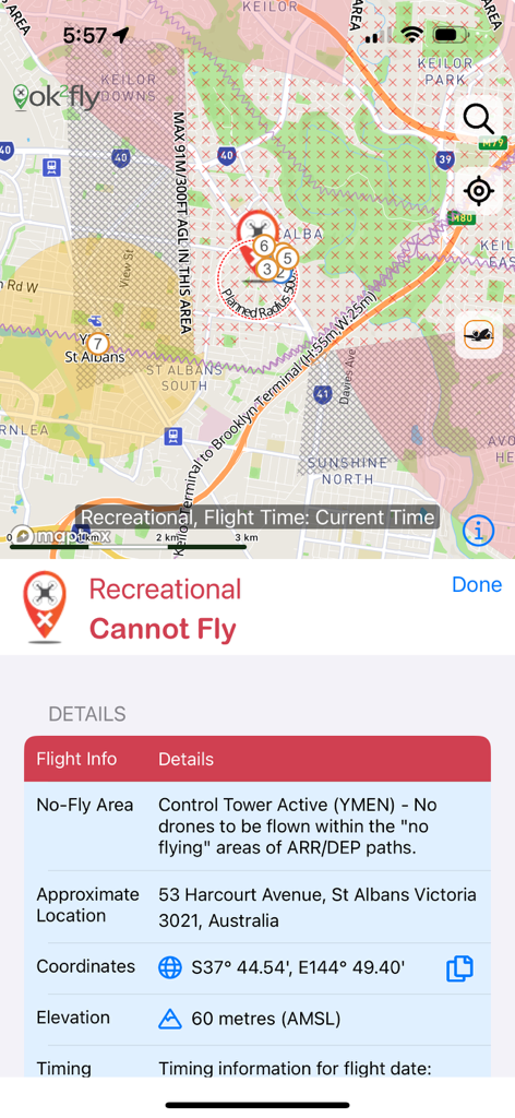 Screenshot of ok2fly app showing a drone no fly zone due to active control tower in Australia
