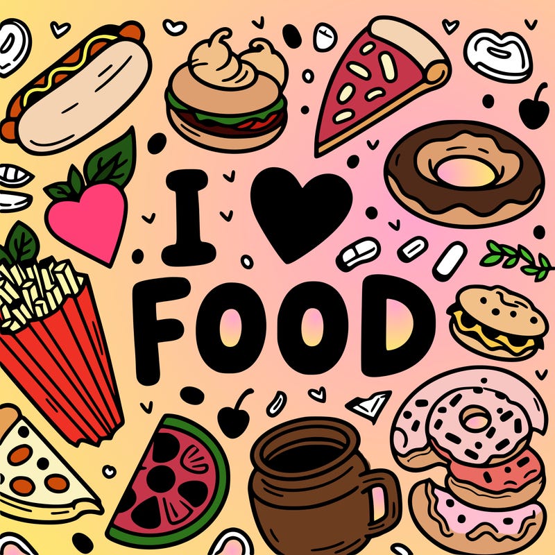 i love food text surrounded by food