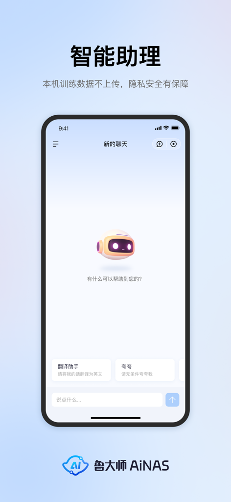 Ludashi AiNAS smart assistant interface showing a local AI chatbot with privacy protection
