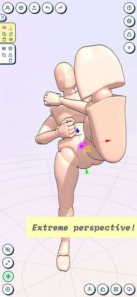 JustSketchMe - JustSketchMe app showing a 3D mannequin in an extreme foreshortened perspective pose