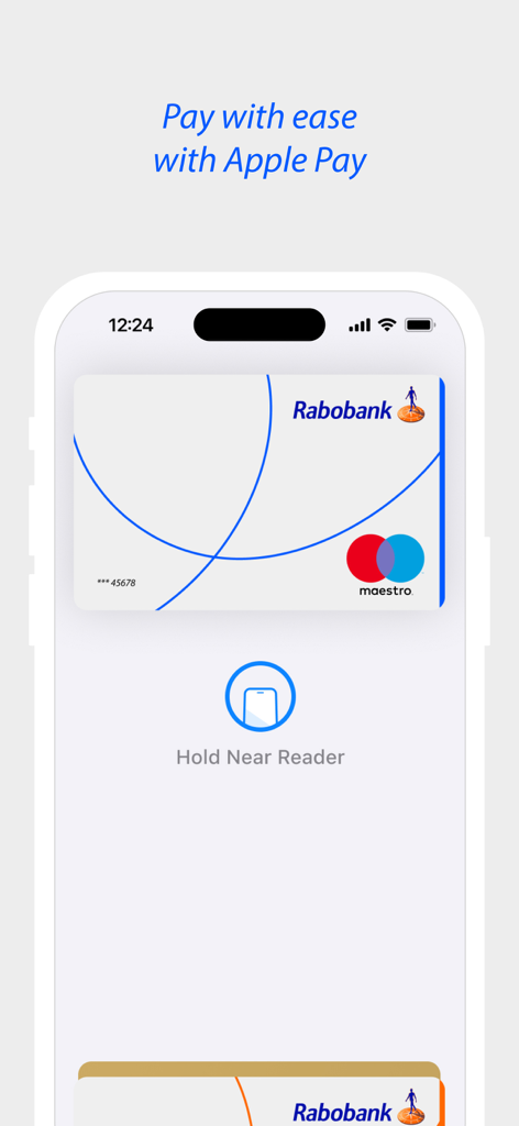 Rabobank app interface showing a digital debit card ready for contactless payment with Apple Pay on a smartphone.