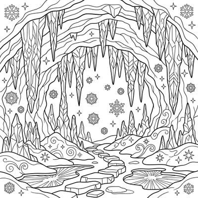 Step into a wondrous icy realm with this enchanting coloring page. Kids will love bringing this magical winter stalactite cave to life with their favorite colors, filled with shimmering icicles and delicate snowflakes.