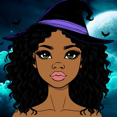 realistic black girl with wavy hair and witch hat and nose and lips