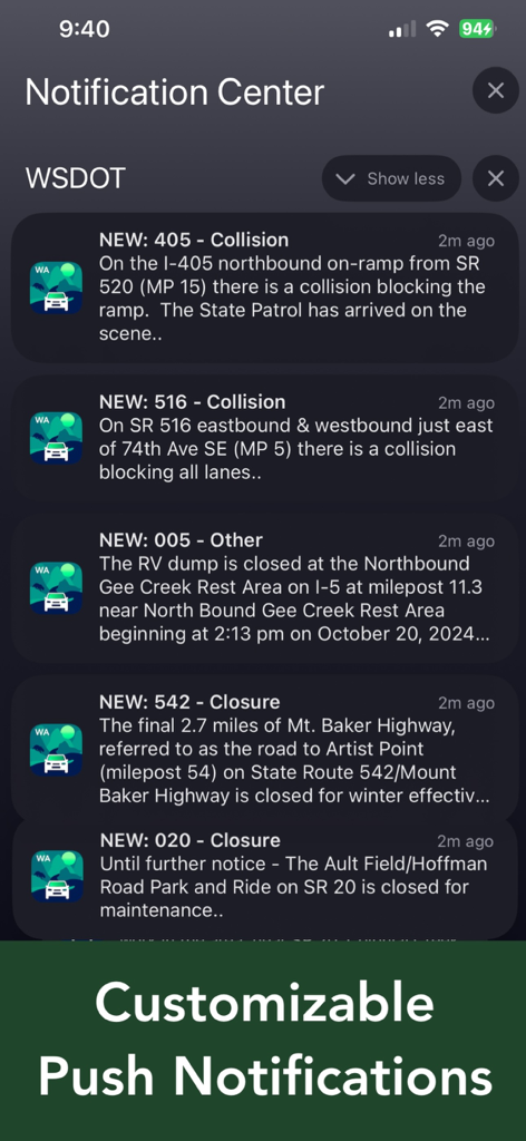 Washington Road Conditions - iPhone notification center showing WSDOT traffic alerts and road closures from the Washington Road Conditions app