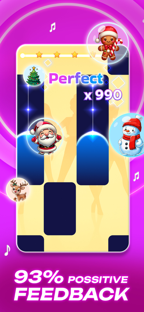 Piano 7: Tiles Music Games - Un écran de jeu rythmique pour Piano 7 montrant des tuiles colorées et des personnages festifs de Noël comme le Père Noël et un bonhomme de neige.