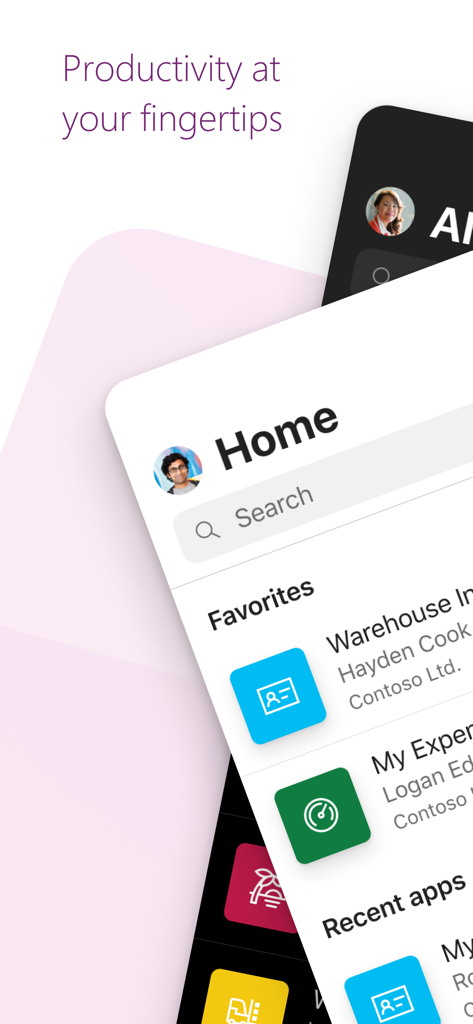 Power Apps - Home screen of the Microsoft Power Apps mobile application displaying favorite business applications and a search bar