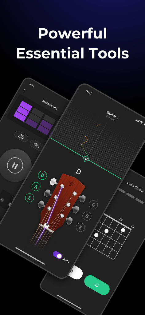Interface showing guitar tuner metronome and chord learning tools