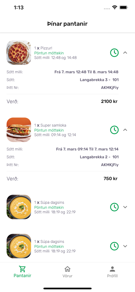 Humble - Una captura de pantalla de la aplicación Humble mostrando una lista de pedidos de alimentos, incluyendo pizza y sándwiches, con sus precios y estado de recogida.