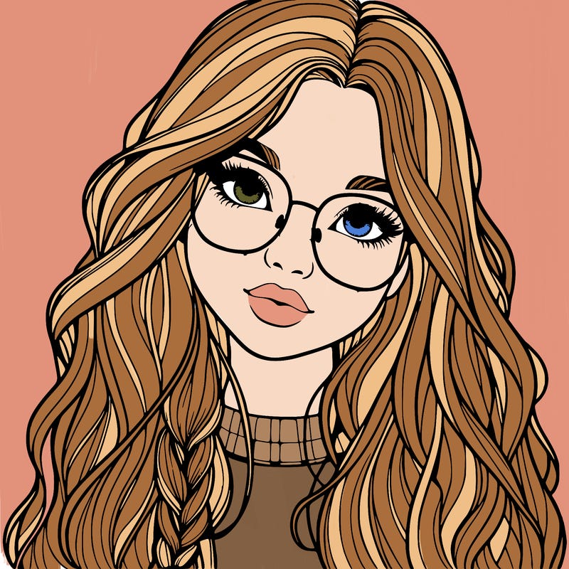 girl with long hair and freckles and glasses realistic