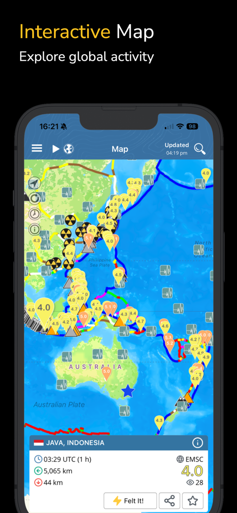 An interactive map within the Earthquake+ app showing global seismic activity, tectonic plate boundaries, and specific earthquake event details in Java, Indonesia.