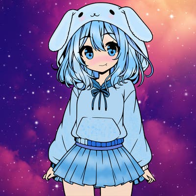 pretty anime girl wearing a fluffy hoodie with bunny ears on the hood and a skirt