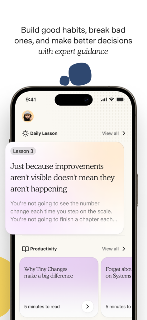 Mobile app interface for Atoms showing daily habit lessons and productivity tips.