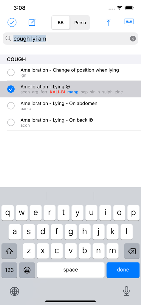 Suchoberfläche der Boger-App, die homöopathische Rubriken für Hustensymptome mit einer ausgewählten Linderungsoption zeigt.