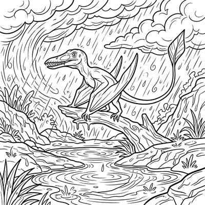 Experience the thrill of a prehistoric storm with this captivating Rhamphorhynchus coloring page. Watch as this ancient pterosaur navigates a detailed rainy landscape, offering a unique blend of history and weather.