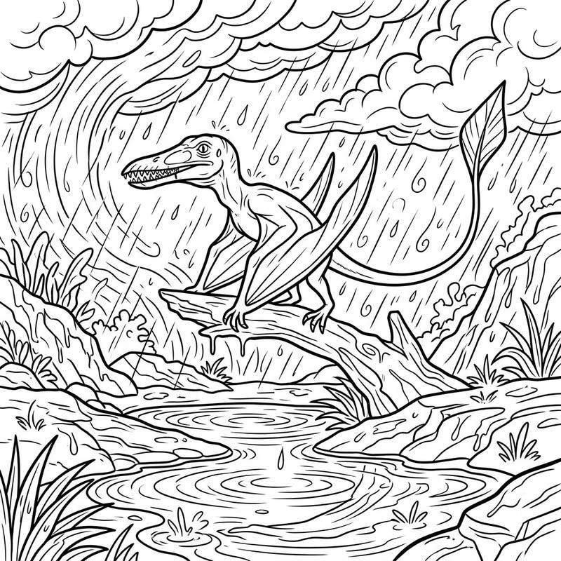 Experience the thrill of a prehistoric storm with this captivating Rhamphorhynchus coloring page. Watch as this ancient pterosaur navigates a detailed rainy landscape, offering a unique blend of history and weather.