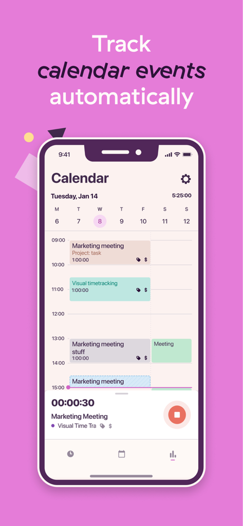 Toggl Track mobile app showing automatic calendar event synchronization and time tracking