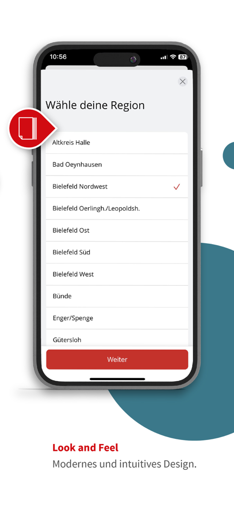 NW ePaper - Regionenauswahl-Bildschirm in der NW ePaper App mit lokalen deutschen Nachrichten wie Bielefeld und Gütersloh.