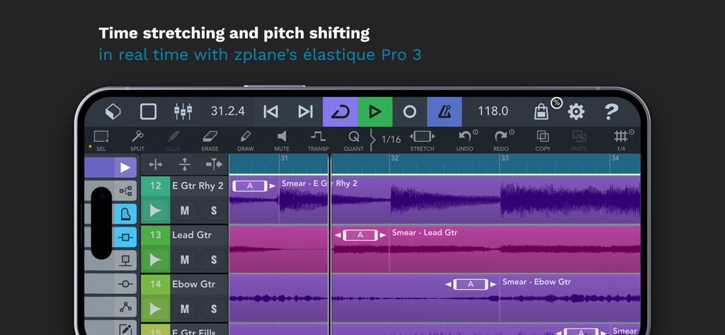 Interfaccia mobile Cubasis 3 che mostra il time stretching e il pitch shifting in tempo reale delle tracce di chitarra su un iPhone.