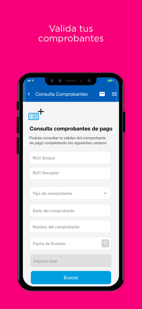 Emprender SUNAT - Una interfaz móvil que muestra un formulario de verificación de recibos de impuestos en la aplicación Emprender SUNAT