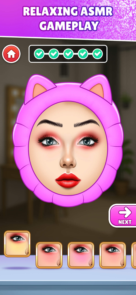 ASMR Salon: Skincare & Makeup - Um personagem com uma faixa de cabelo de gato rosa passando por uma transformação no jogo ASMR Salon Skincare and Makeup