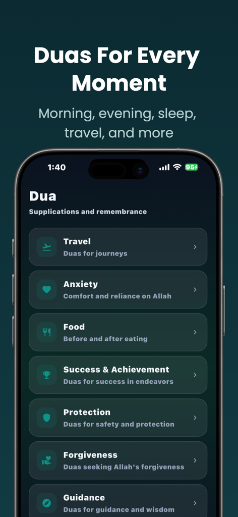 IslamTools - Islamic Companion - IslamTools app showing a list of dua categories including travel anxiety food and success