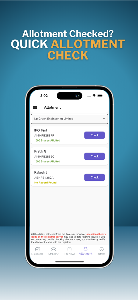 IPO Ji app interface displaying the status of shares allotted across multiple accounts for a specific company.