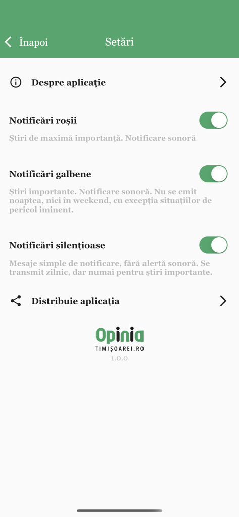 Opinia Timisoarei - Schermata delle impostazioni di notifica per l'app di notizie locali Opinia Timișoarei che mostra gli interruttori per diversi livelli di avviso