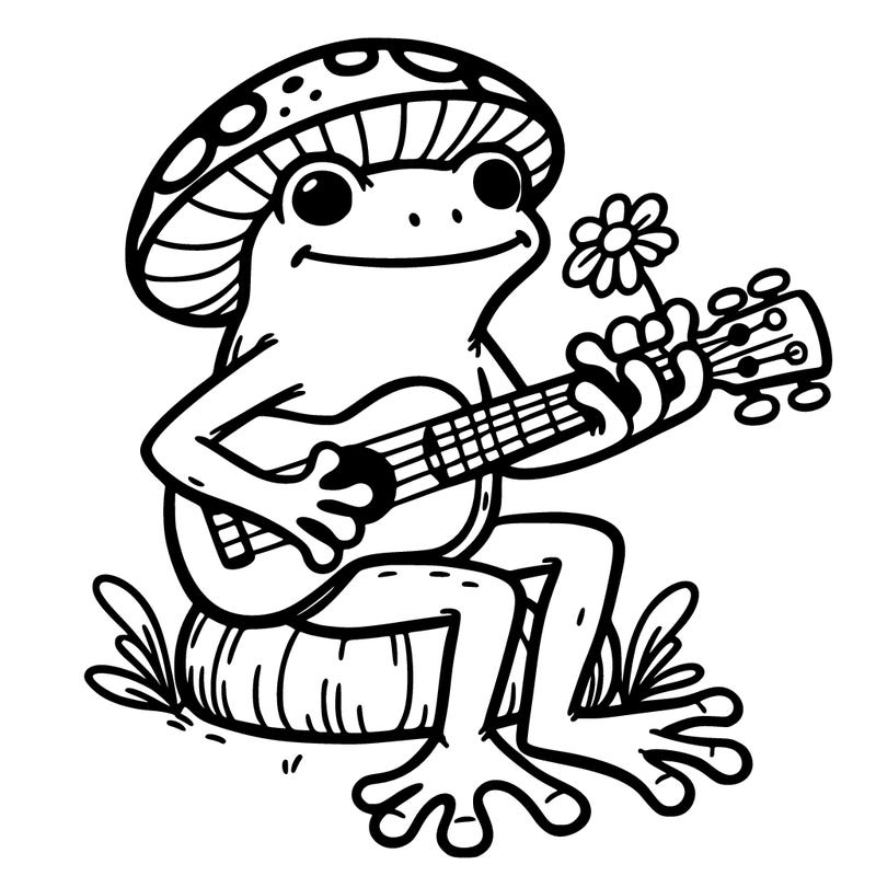 frog playing a ukulele with a mushroom hat