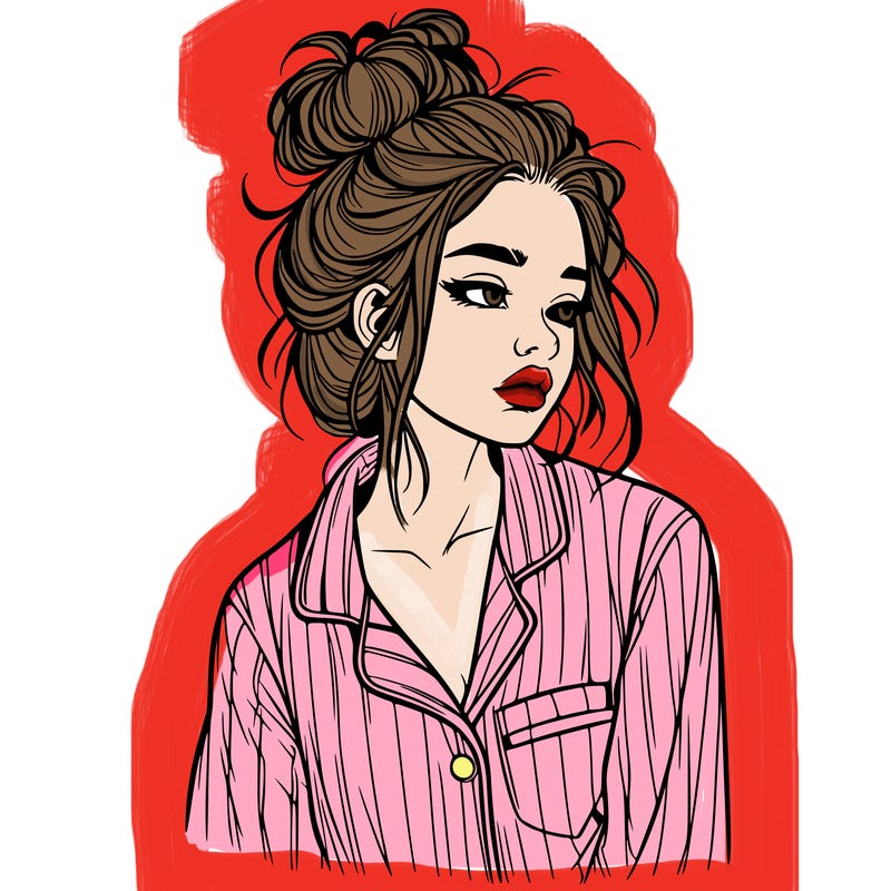 realistic woman with pajamas on and a messy bun