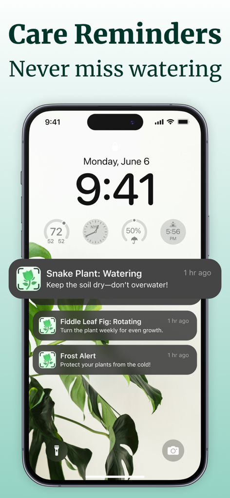 Écran de verrouillage de l'iPhone affichant des notifications d'entretien des plantes pour l'arrosage, la rotation et les alertes de gel.