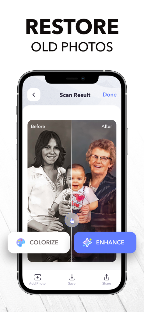 PDF Scanner App: Scanner+ Docs - Interfaz de la aplicación Scanner mostrando una comparación de antes y después de una fotografía antigua restaurada y coloreada