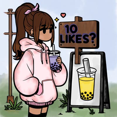 girl with oversized hoodie drinking boba and she has a high ponytail with a sign that says 10likes?