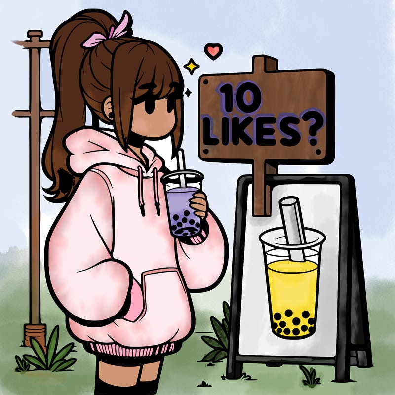 girl with oversized hoodie drinking boba and she has a high ponytail with a sign that says 10likes?