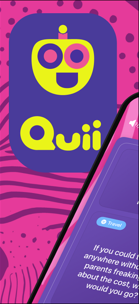 Quii - Quii app logo with a travel-themed icebreaker question on screen