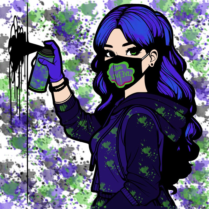 realistic girl with mask spray painting a wall