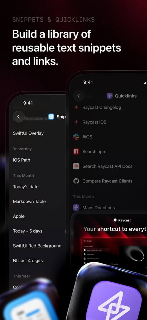 Une bibliothèque de snippets de texte réutilisables et de quicklinks dans l'interface de l'application iOS Raycast.
