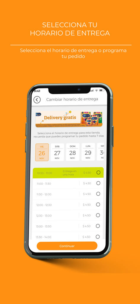 Interfaz de la aplicación móvil Tipti que muestra franjas horarias de entrega de comestibles y un calendario para programar.