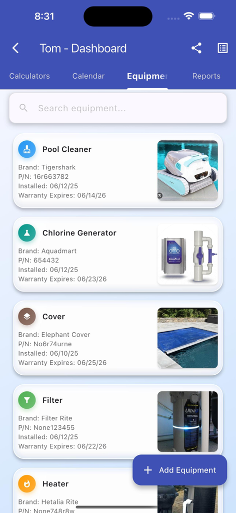 Painel do aplicativo móvel para rastrear o inventário de equipamentos de piscina, incluindo marcas e datas de expiração de garantia